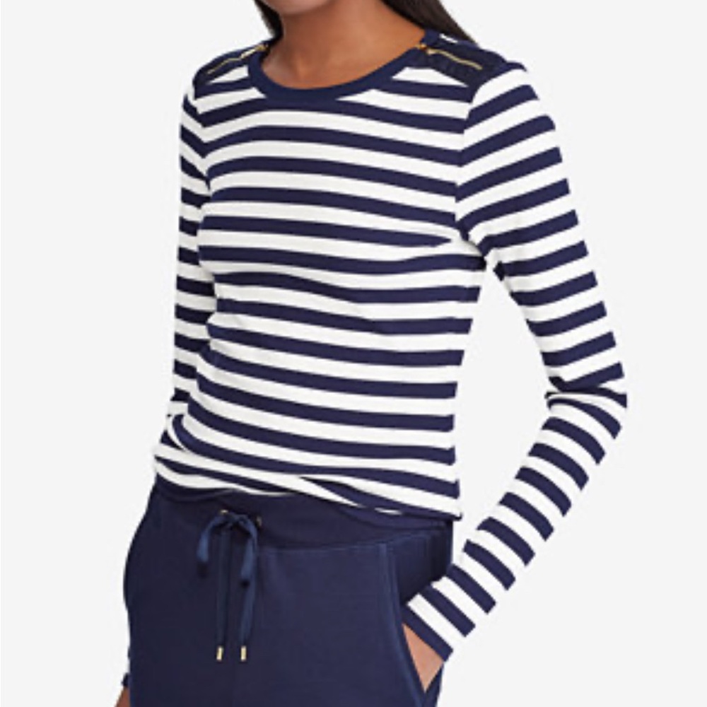 Ralph Lauren‎ Zipper-Trim Top Navy and White Striped Long Sleeve Top Sz Medium